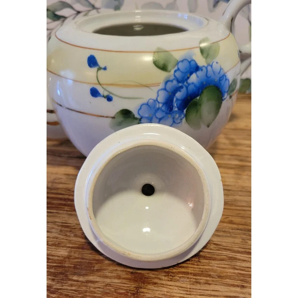 Antique Hand Painted Blue Floral Porcelain Teapot - 1930s Japan Blue Lusterware